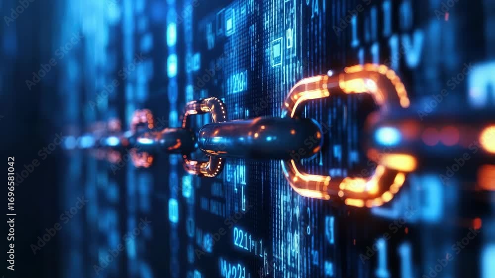 Poster digital blockchain concept with glowing chains and data on screen