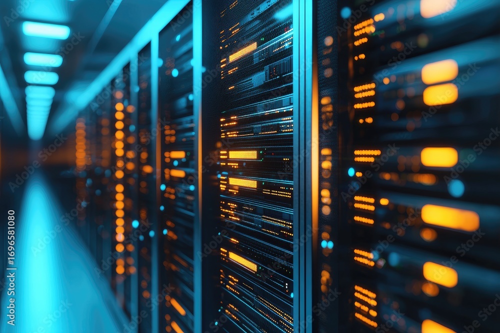 Poster modern data server room with glowing cloud technology infrastructure and secure storage racks, ideal