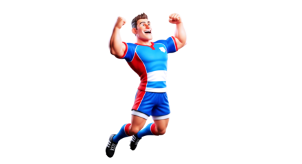 triumphant cartoon rugby player celebratory leap, dynamic pose, winning victory, isolated on transparent background