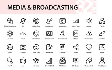 Social engagement media and broadcasting professional modern line icon collection with creative outline vector designs of likes, comments, shares, followers, and connections