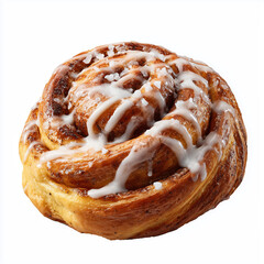 Delicious cinnamon roll drizzled with icing and sprinkled with sugar on white background