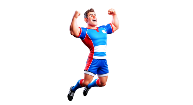 triumphant cartoon rugby player celebratory leap, dynamic pose, winning victory, isolated on transparent background