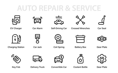 Modern Automotive Service Line Icon Collection. Professional Car Repair, Vehicle Tools, Garage Equipment, and Engine Maintenance Vector Pack