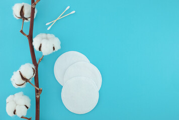 Cotton branch with fluffy flowers and cotton pads on left side of blue background, right side empty...