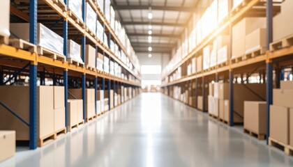 Fototapeta premium Organizing industrial supplies expansive warehouse blurry shelving neutral tones minimalist environment