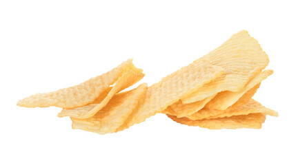 Crispy potato chips falling in small stack, isolated on transparent background, full focus stacking...