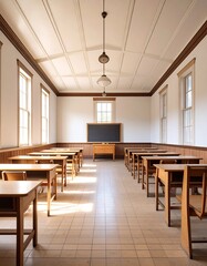 Fototapeta premium Empty classroom, sunlight streams in