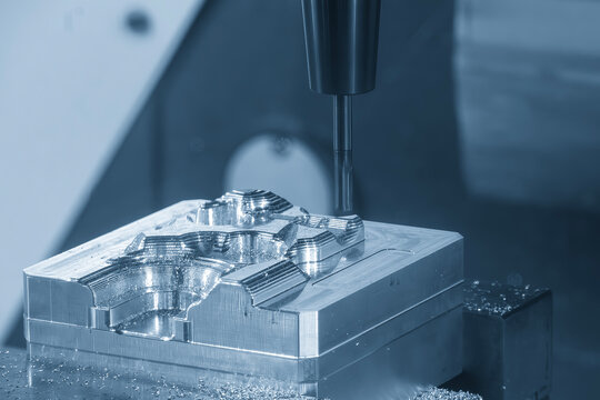 The 3-axis CNC milling machine cutting the mold part with solid flat nose end mill tool in the blue tone.