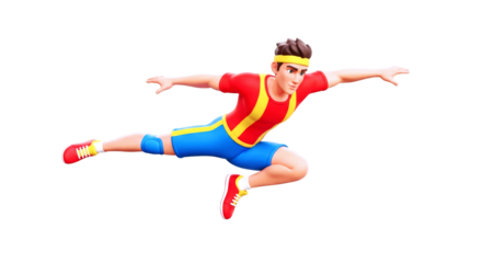 dynamic 3d cartoon athlete highflying leap, energetic pose, extreme sports action, isolated on transparent background