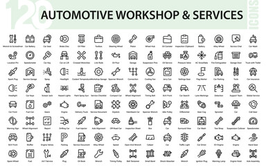 Automotive Maintenance and Car Repair Service Line Icon Set. Modern , Vehicle Fix, Garage Tools, and Minimal Mechanic Vector Collection