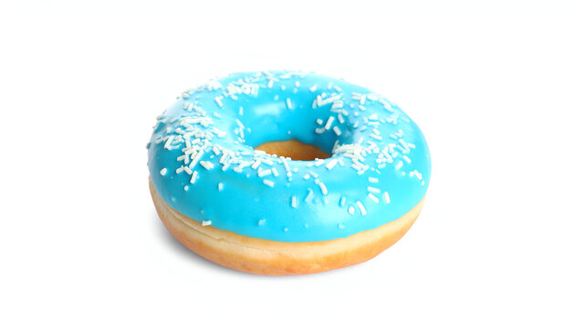A single glazed donut with bright blue icing and shredded coconut sprinkles, isolated on a white background.