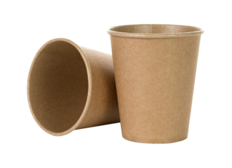 Mini composition with one standing and one lying kraft paper cup, isolated on transparent background. Minimal, eco-friendly, versatile for coffee, tea, or beverage display