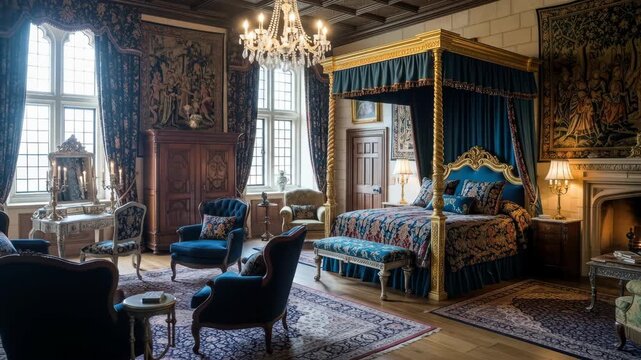 Elegant renaissanceinspired interior with luxurious gold and blue accents in grand castle room