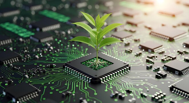 Green sprout growing from a microchip, symbolizing sustainable technology and environmental responsibility.