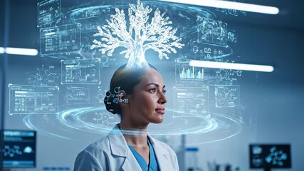In a cutting-edge laboratory, a dedicated scientist contemplates the fusion of human intellect and nature, symbolized by a striking tree-like structure emerging from her head.