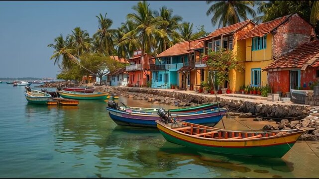 with sky, near tropical colorful trees, lighting boats seaside village, blue houses fishing calm rustic coconut Small clear 52_29 photorealistic sea, rooftops, anchored textures and a clay  65108274 1