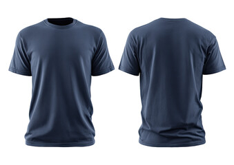 Front and back view of a plain navy blue t-shirt