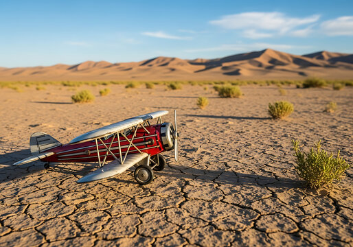 Forgotten journey of a toy biplane resting on the arid, cracked mudflats of a desert wilderness - Powered by Adobe