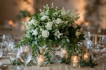 Glass vase centerpiece featuring white flowers and lush greenery for wedding reception