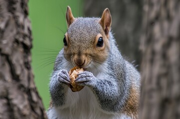 Fototapeta premium Close-up of a grey squirrel munching on a walnut in a forest setting