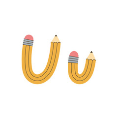 The letter U designed as a yellow pencil. Vector alphabet illustration.