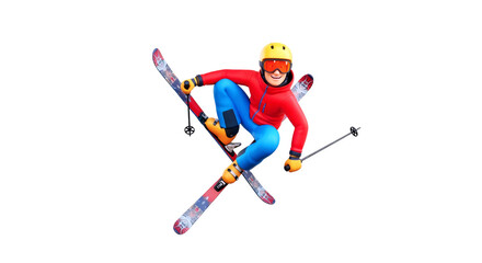 Fototapeta premium cartoon ski jumpers thrilling aerial feat a dynamic soar, joyful expression, winter sports action, isolated on transparent background