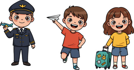 Children dressed as pilot, boy playing with paper plane, girl holding suitcase, kids imaginative play, travel and adventure, childhood fun, playfu