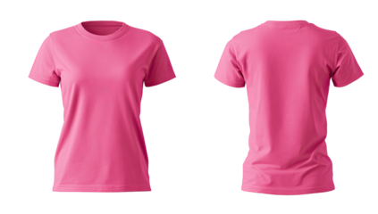 Front and back view of a vibrant hot pink women's t-shirt, featuring a crew neck and short sleeves.  The shirt is presented in a digital mockup style, with a slightly pixelated appearance