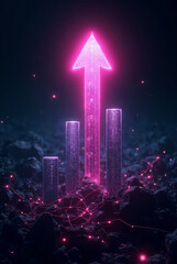 Obraz premium A glowing business graph with an arrow illuminates a modern city's skyline at night, featuring buildings lit up under a starry sky