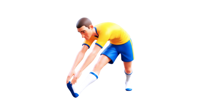 3d cartoon soccer player pregame stretching, focused flexibility, athletic preparation, isolated on transparent background - Powered by Adobe