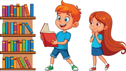 Kids reading books, children learning in library, cartoon kids with books, education and knowledge, happy children reading, colorful bookshelf © Akhi's orld