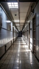 Empty corridor bathed in sunlight