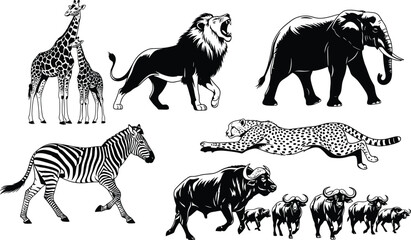 African safari animals vector illustration, giraffe, lion, elephant, zebra, cheetah, buffalo, black and white wildlife art, savanna creatures, stock design