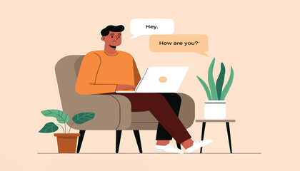 Working From Home Man Chatting on Laptop in Comfortable Living Room Setting