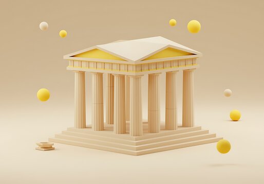 Ancient Greek Temple with Columns and Floating Spheres in Muted Tones Conceptual Architecture and History Representation