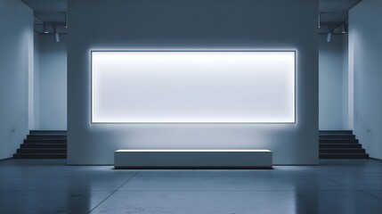 Modern gallery interior showcasing a large blank display illuminated by LED lighting, set against a muted color palette.