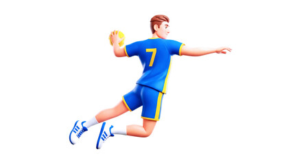 3d cartoon handball player dynamic throw, airbound action, intense gameplay animation asset, isolated on transparent background
