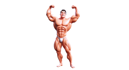 triumphant bodybuilder cartoon 3d model, muscular physique, winning pose, animation asset, isolated on transparent background