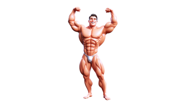 triumphant bodybuilder cartoon 3d model, muscular physique, winning pose, animation asset, isolated on transparent background