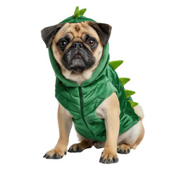 Fototapeta premium Pug in Dinosaur Costume at Home, Fun Pet Photography, Playful Environment, Close-Up View