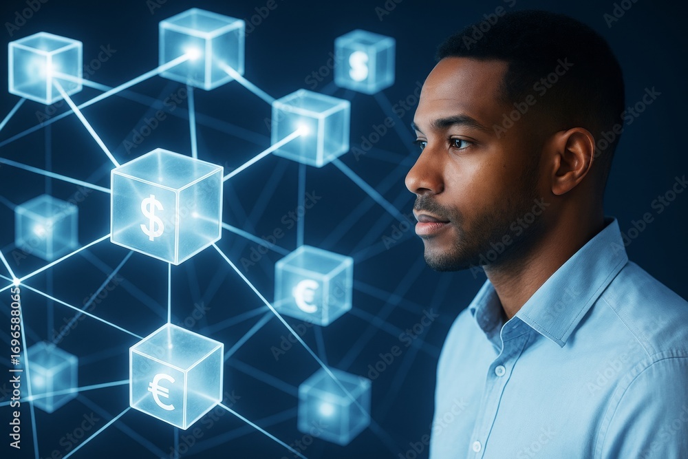 Poster businessman analyzing digital currency blockchain network structure with glowing finance symbols on 