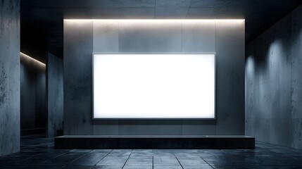 A large, blank billboard illuminates a dimly lit concrete corridor, casting dramatic shadows.