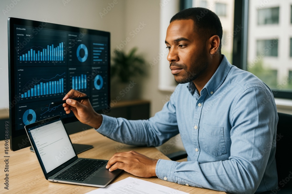 Poster business analyst working with data charts on monitor and laptop at office desk in daylight, focused 