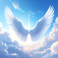 A pair of large, white angel wings spread wide against a vibrant, pastel sky filled with fluffy clouds, a radiant light source illuminating the scene.