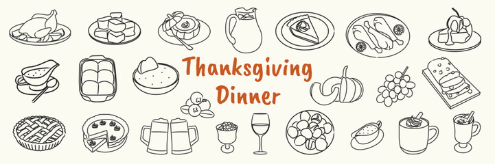 Thanksgiving dinner food icons. Hand drawn autumn harvest feast vector. Retro line art doodle clipart for holiday menu, kitchen decor, sticker, invitation, greeting card, planner.