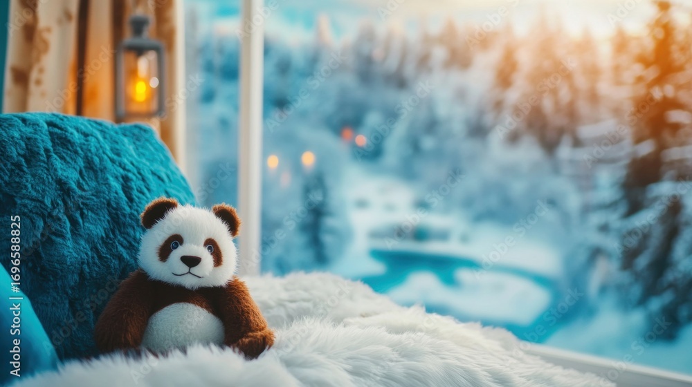 Poster cozy winter setting with a panda plush toy on a soft blanket by the window