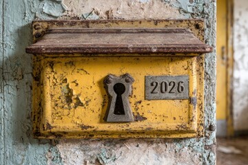 Old yellow mailbox number 2026 with keyhole in abandoned building
