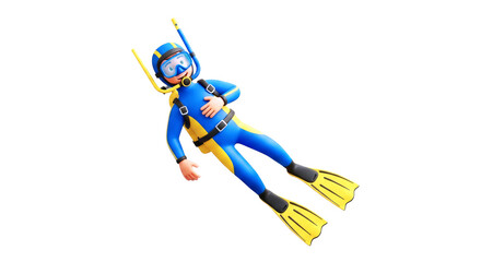 3d cartoon scuba diver weightless wonder, ocean dreamscape, underwater adventure, isolated on transparent background