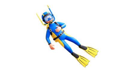3d cartoon scuba diver weightless wonder, ocean dreamscape, underwater adventure, isolated on transparent background