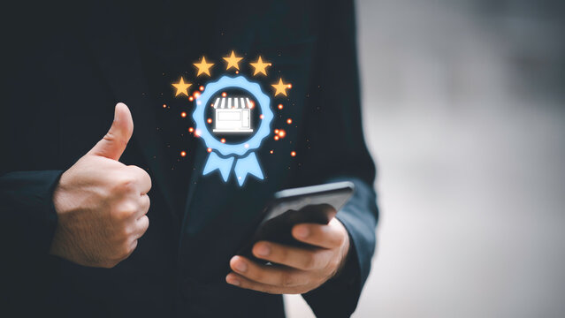 Certified business concept with quality assurance icon top of service in hand, representing trusted services and verified shops. Ideal for e-commerce, brand trust, or digital marketing visuals. - Powered by Adobe